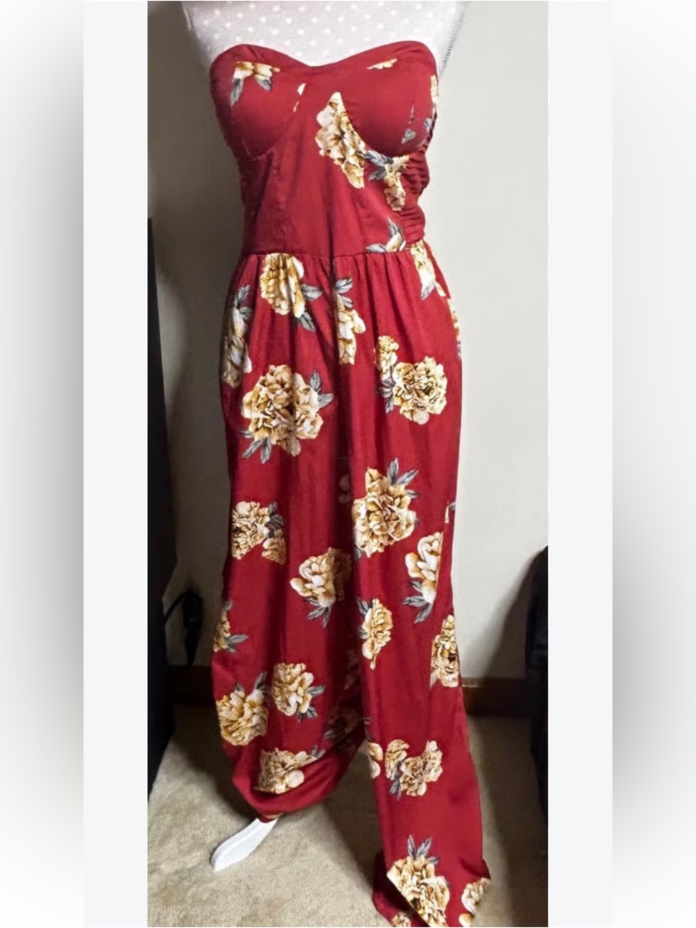 Band of Gypsies Red Floral Strapless Jumpsuit